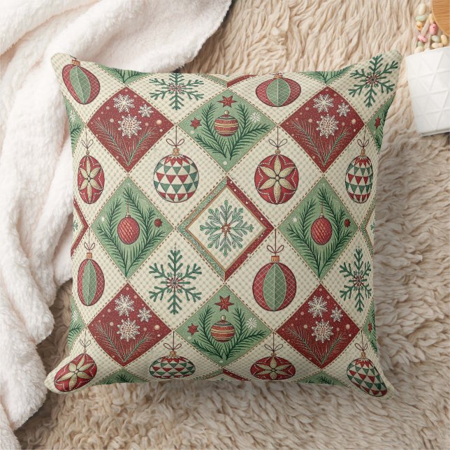 Vintage Patchwork Quilted Christmas Pattern Throw Pillow (Blanket)