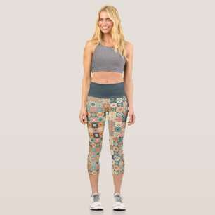 Vintage, patchwork quilted look capri leggings