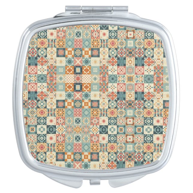 Vintage, patchwork quilted look compact mirror (Front)
