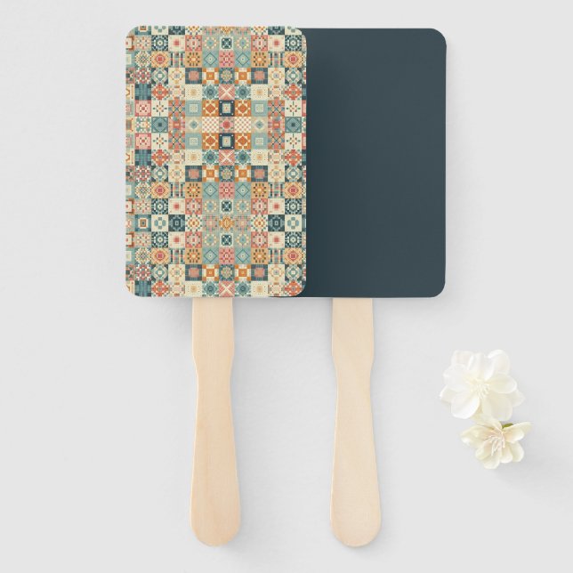 Vintage, patchwork quilted look hand fan (Front and Back)