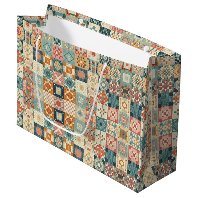 Vintage, patchwork quilted look large gift bag (Front Angled)