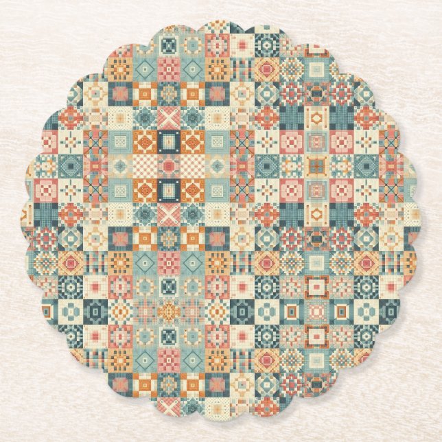 Vintage, patchwork quilted look paper coaster (Front)