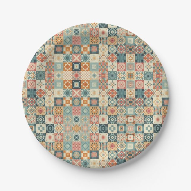 Vintage, patchwork quilted look paper plates (Front)