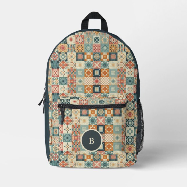 Vintage, patchwork quilted look personalized printed backpack (Front)