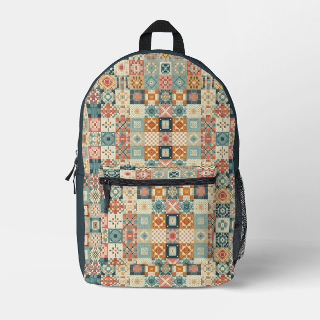 Vintage, patchwork quilted look printed backpack (Front)