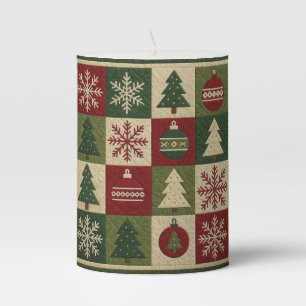 Vintage, patchwork quilted look rustic Christmas Pillar Candle