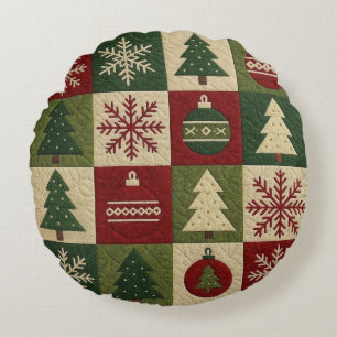 Vintage, patchwork quilted look rustic Christmas Round Pillow