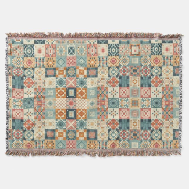 Vintage, patchwork quilted look throw blanket (Front)
