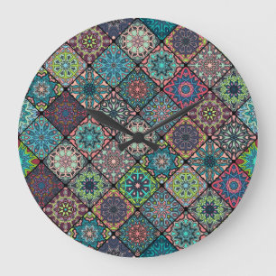 Vintage patchwork with floral mandala elements large clock