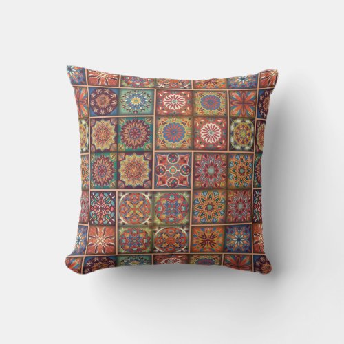 Vintage patchwork with floral mandala elements outdoor pillow