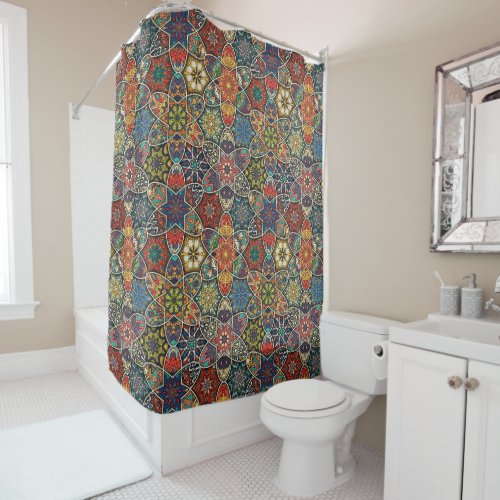 Vintage patchwork with floral mandala elements shower curtain