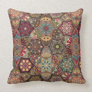 Vintage patchwork with floral mandala elements throw pillow