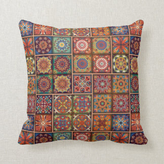 Vintage patchwork with floral mandala elements throw pillow