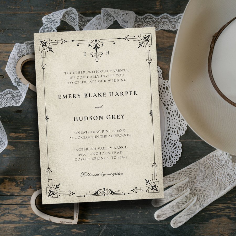 Vintage Patina Country Western Formal  Wedding Invitation