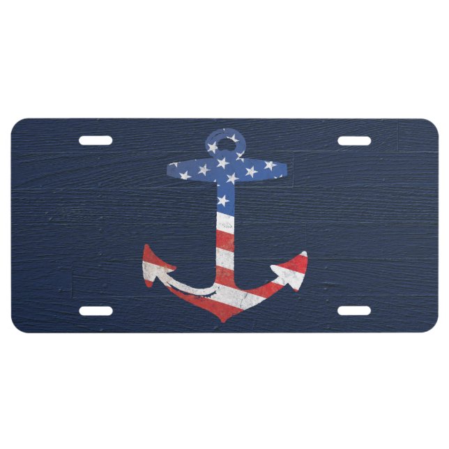 Vintage Patriotic American Flag Anchor Nautical US License Plate (Front)