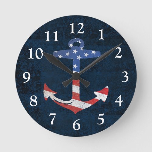 Vintage Patriotic American Flag Anchor Nautical US Round Clock