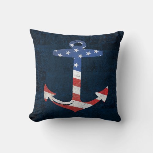 Vintage Patriotic American Flag Anchor Nautical US Throw Pillow