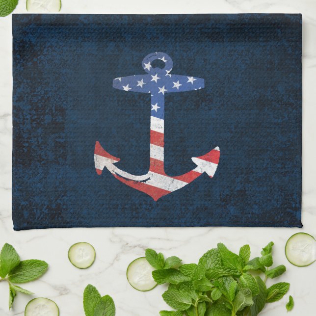 Vintage Patriotic American Flag Anchor Nautical US Towel (Folded)