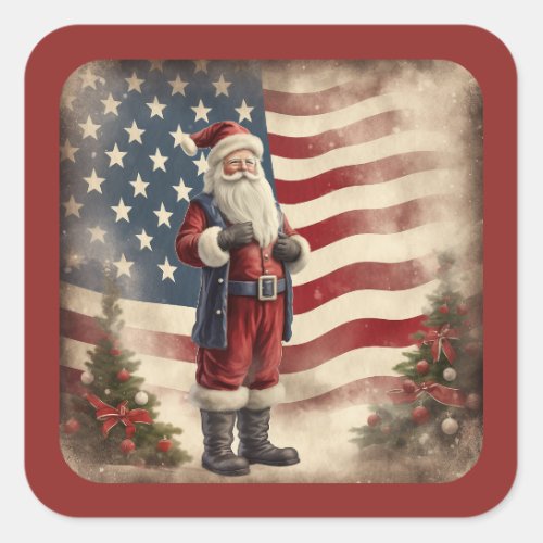 Vintage Patriotic American Flag and Santa Claus Square Sticker