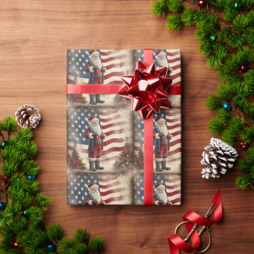 Vintage Patriotic American Flag and Santa Claus Wrapping Paper