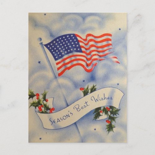 Vintage Patriotic American Flag Christmas Holiday Postcard