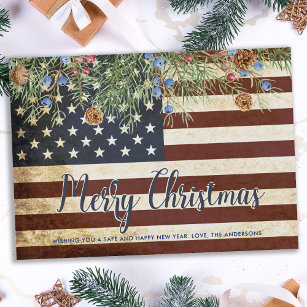 Vintage Patriotic American Flag Merry Christmas Holiday Card