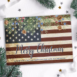 Vintage Patriotic American Flag Merry Christmas  Note Card<br><div class="desc">Send Merry Christmas greetings to friends and family with this unique USA American Flag Christmas Card - USA American flag design vintage red white blue design with holly and berries. Personalize with message and family name. This patriotic Christmas card is perfect for military families, veterans, patriotic family and veteran service...</div>