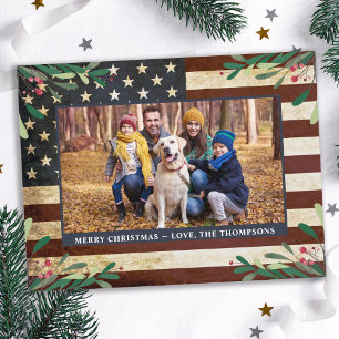 Vintage Patriotic American Flag Photo Christmas Holiday Postcard