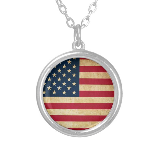 Vintage Patriotic American Flag Silver Plated Necklace (Front)