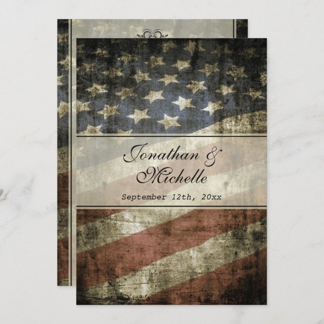 Vintage Patriotic American Flag with RSVP Wedding Invitation (Front/Back)