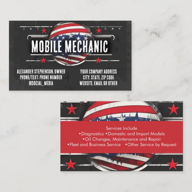 Vintage Patriotic Auto Mechanic American Flag Car Business Card (Front/Back)