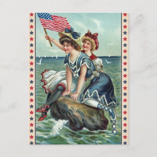 Vintage Patriotic Beach Women Postcard
