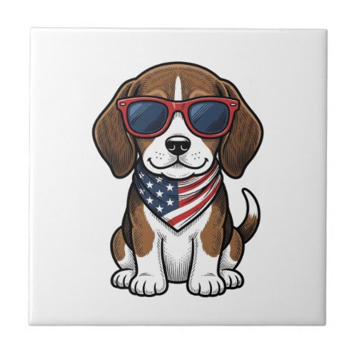 Vintage Patriotic Beagle Puppy Sunglasses Shirt_1 Ceramic Tile