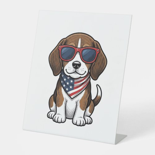 Vintage Patriotic Beagle Puppy Sunglasses Shirt_1 Pedestal Sign
