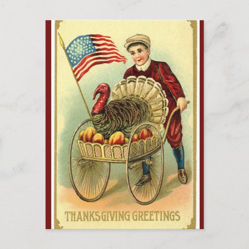 Vintage Patriotic Boy Wheeling Turkey and Flag Postcard