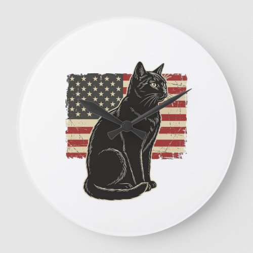Vintage Patriotic Cat Flag Graphic T-Shirt Design_ Large Clock
