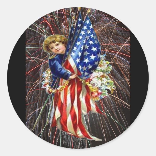 Vintage Patriotic Child and Fireworks Classic Round Sticker