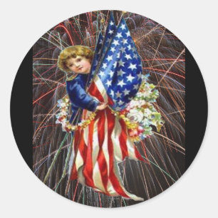Vintage Patriotic Child and Fireworks Classic Round Sticker