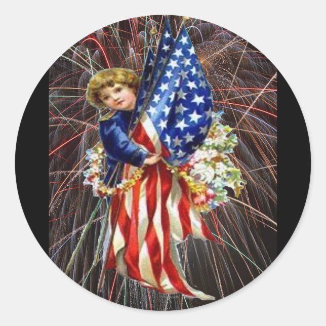 Vintage Patriotic Child and Fireworks Classic Round Sticker (Front)