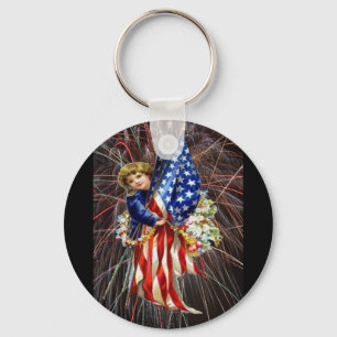 Vintage Patriotic Child and Fireworks Keychain