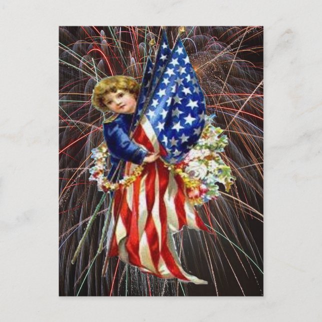 Vintage Patriotic Child and Modern Fireworks, ZSSG Postcard (Front)