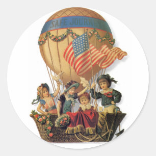 Vintage Patriotic, Children in a Hot Air Balloon Classic Round Sticker