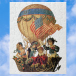Vintage Patriotic, Children in a Hot Air Balloon Jigsaw Puzzle<br><div class="desc">Vintage illustration Victorian patriotic image featuring children flying in a hot air balloon with the words,  "Safe Journey" on a banner on the balloon. A United States of America flag is blowing in the wind. A fun design to help celebrate patriotism,  freedom and the American Independence!</div>