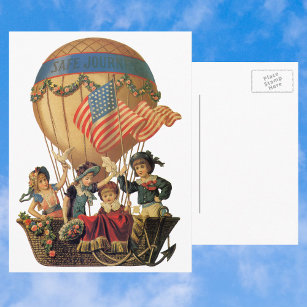 Vintage Patriotic, Children in a Hot Air Balloon Postcard