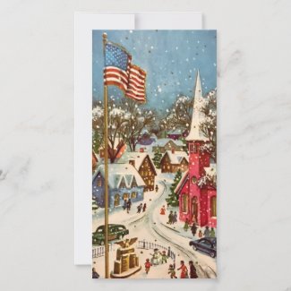 Vintage Patriotic Christmas Town Holiday Card