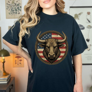Vintage Patriotic Cowboy Bull American Flag Wester T-Shirt