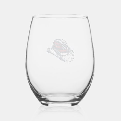 Vintage Patriotic Cowboy Hat Flower Shirt Design_1 Stemless Wine Glass