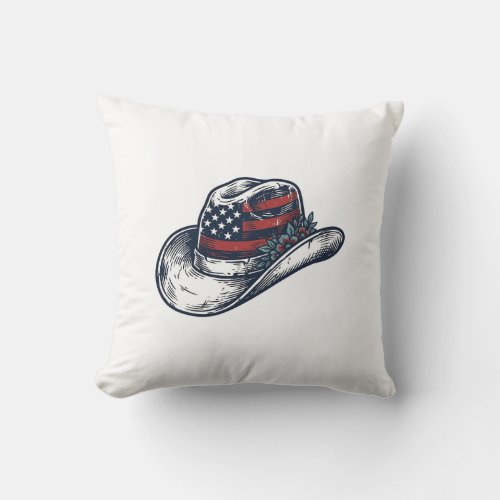 Vintage Patriotic Cowboy Hat Flower Shirt Design_1 Throw Pillow