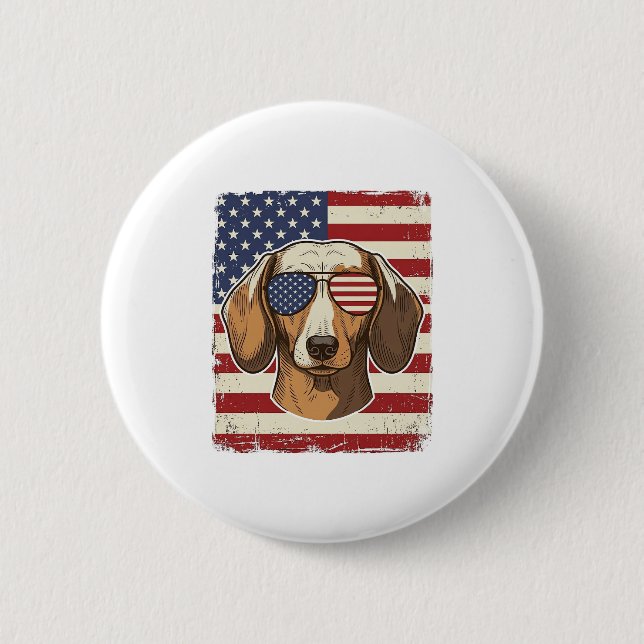 Vintage Patriotic Dachshund Flag Sunglasses Vector Button (Front)