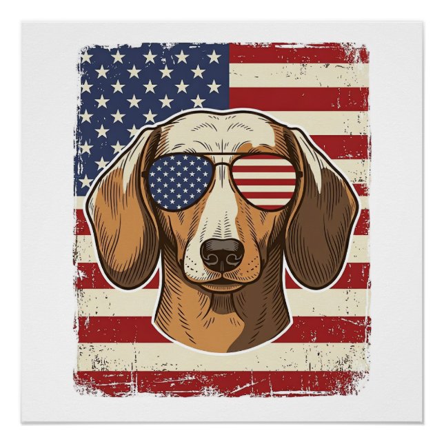 Vintage Patriotic Dachshund Flag Sunglasses Vector Poster (Front)